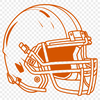 An American football with a protective football helmet.