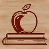 Educational Apple Illustration A stylized illustration of an apple book with a teacher's desk in the background, suitable for educational settings.