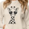 A cartoon giraffe wearing trendy sunglasses in a casual setting.