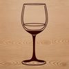 A stylized illustration of a wine glass filled with red wine on a table.