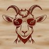 A goat wearing sunglasses in a playful outdoor setting.