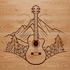 A detailed illustration of a musical instrument with six strings and frets.