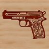A detailed illustration of a hand-held firearm with metallic components.