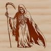 Spooky Reaper in Autumnal Landscape A grim reaper character standing in a dark and spooky background, surrounded by autumnal leaves and pumpkins.