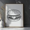 A simple illustration of a classic cheeseburger with a beef patty, lettuce, tomato, cheese, and condiments on a bun.