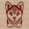 A stylized image of a husky sitting on its haunches, designed as vector art.