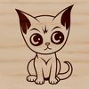 A small cat sitting on its haunches, looking up with curious eyes.