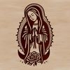 A stylized illustration of Our Lady of Guadalupe in ornate floral patterns.