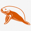 A stylized illustration of a manatee swimming in the ocean.