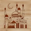 A stylized 2D rendering of a traditional mosque architecture with intricate design elements.