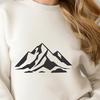 An SVG graphic representation of a stylized mountain silhouette against a clear blue sky background.