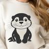 A stylized illustration of a playful otter swimming in the water.