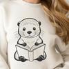 A cartoon otter sitting on a rock, reading a book with interest.