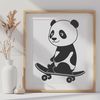 A black and white illustration of a panda on a skateboard.