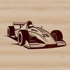 A stylized illustration of a racing car, designed with bold lines and vibrant colors.