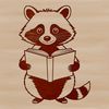 A digital illustration of a raccoon sitting on its haunches with a book in front of it.