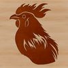 A chicken stands on a farm yard surrounded by greenery.
