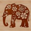 Stylized Elephant Graphic with Floral Patterns A stylized elephant standing on its hind legs with intricate floral patterns surrounding its body.