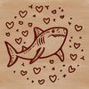 A stylized illustration of a shark with heart-shaped symbols incorporated into its design.