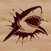 Illustrated shark breaking through a wall in bold vector art style.