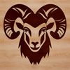 A detailed illustration of a ram's head with distinct facial features and fleece.