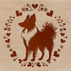 Illustrated dog breed icon featuring a standing Shetland Sheepdog with decorative love hearts.