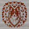 A high-quality digital illustration of a Shetland sheepdog's head with heart-shaped details around the eyes.