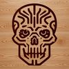 A detailed illustration of a human skull with decorative patterns and lines, suitable for tattoo designs or stencil art.