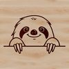 A simple line drawing of a sloth's head peeking out from behind a tree branch.