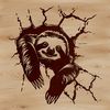 A sloth's head peeking out from behind a tree trunk, made up of intricate vector lines.