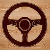 A detailed illustration of a car steering wheel with intricate design elements.