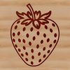 A stylized illustration of a ripe red strawberry with green leaves.