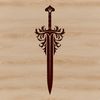 A detailed illustration of a medieval-style sword with intricate details and shapes.