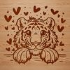 Tiger Head with Loving Hearts A close-up vector illustration of a tiger's head, featuring love hearts surrounding its features.