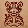 Close-up illustration of a tiger sitting in a natural habitat, featuring sharp vector graphics and detailed design.