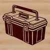 Toolbox Organizer in Wood A set of metal drawers and tools organized in a wooden toolbox.
