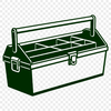 A minimalist illustration of a toolbox with various tools stored inside.