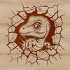 A prehistoric baby dinosaur depicted in a cartoon style, smashing through a wall.