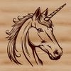 A mythical creature's head with a single horn on its forehead, rendered as a digital vector design.