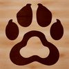 A graphic illustration of an animal paw print in black.