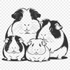 A cute and endearing illustration of a guinea pig in a living room setting with its family.