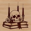 Gothic Skull Illustration with Decorations A detailed illustration of a Gothic-style skull surrounded by subtle ornate details and decorations.