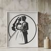 A romantic illustration of a bride and groom embracing on their special day.