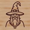 A simple line drawing of a wizard's head with a long white beard and pointed hat.