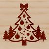 A stylized illustration of a Christmas tree with ornaments and decorations in various sizes.