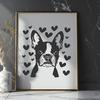A close-up illustration of a happy Boston Terrier dog's head with loving hearts surrounding its features.