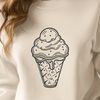 A colorful illustration of a cone-shaped ice cream with multiple flavors swirled together.