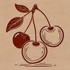 A detailed illustration of a cherry fruit with its stem and leaves.