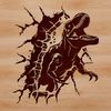 A prehistoric Tyrannosaurus Rex dinosaur smashing through a wall in a bold vector design.