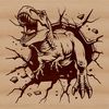 A prehistoric Tyrannosaurus Rex dinosaur smashing through a concrete wall, depicted as a vector graphic.